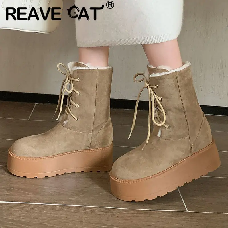 

REAVE CAT Genuine Leather Women Snow Boots Round Toe Platform Thick Heel 5.5cm Lace Up Warm Wool Winter Outdoor Shoes For Female