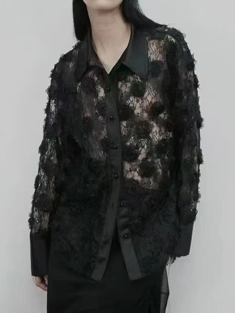 

Fashion summer new sexy lace stitching micro perspective single-breasted slim embroidered crochet temperament blouse shirt