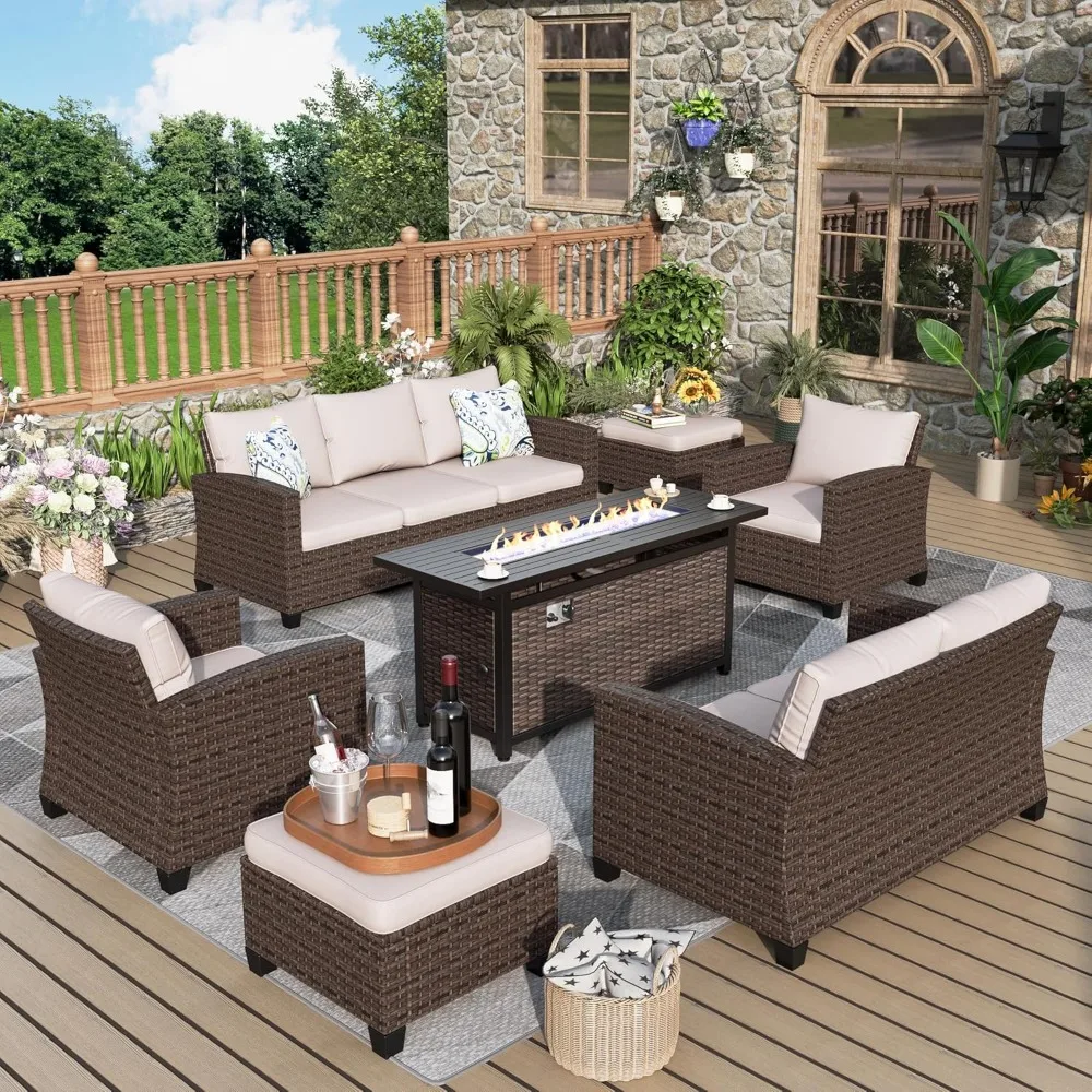 Courtyard furniture set, 7-piece willow outdoor conversation set, with 4-inch thick cushion and 56 inch fire pit table, beige