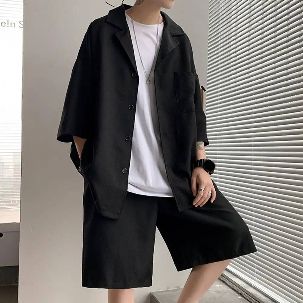 Conjunto de traje para hombre, camisa de solapa, pantalones cortos de cintura elástica, traje de ajuste suelto de Color sólido con bolsillo de