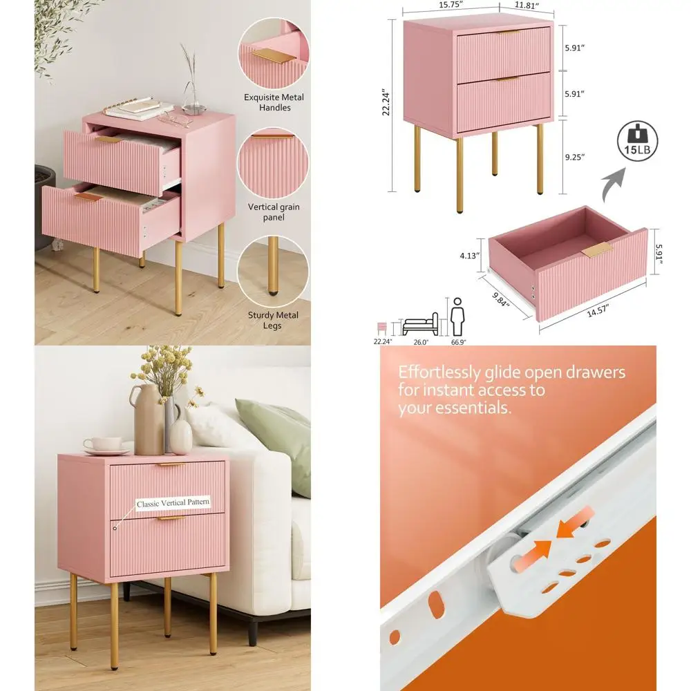 

Pink Mid-Century Modern Nightstand with 2 Drawers, Small Gold Frame Side Table for Bedroom or Living Room
