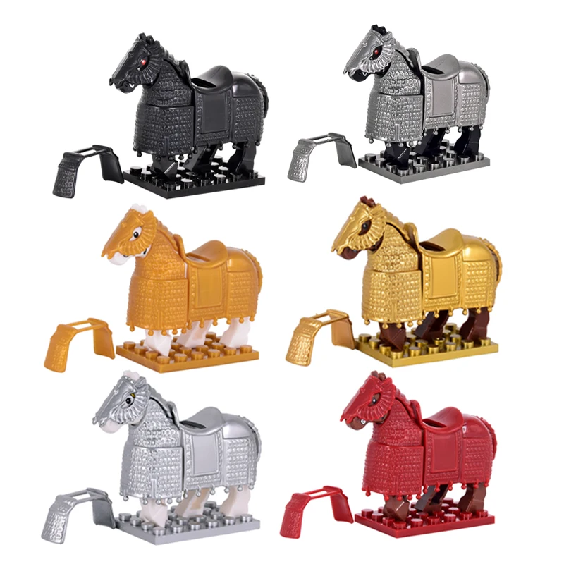 Medieval Movie Middle Ages Knights Golden War Horse Heavy Cavalry Warriors Warhorse Figures Building Blocks Bricks Toys Kid gift