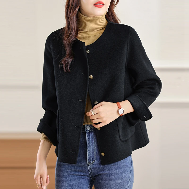 Autumn And Winter New Round Neck Double-Sided Wool Cashmere Coat Short Wool Coat With Wool Coat Pocket Woman