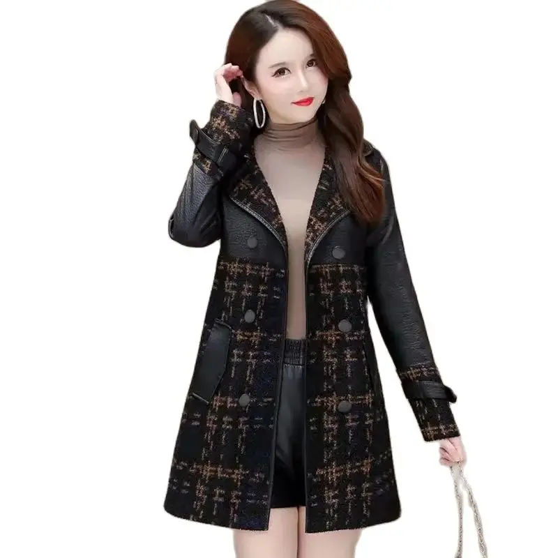 Explosive Fashion Leather Women Jacket Medium Long Square Overcoat Join Together Loose Comfortable Add Velvet Long Sleeve Coat