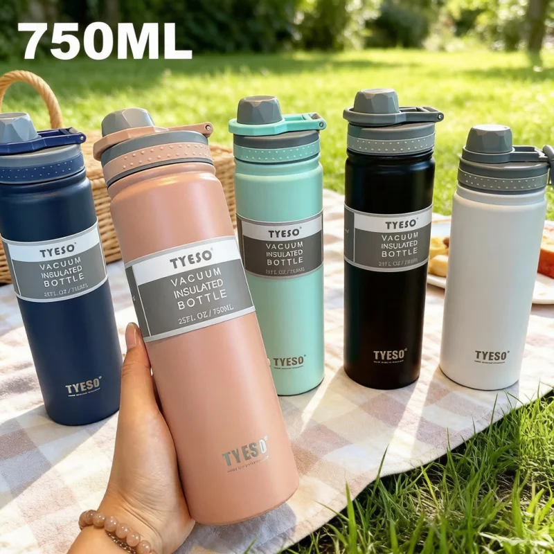 Botella Térmica TYESO de 750 ml, Botella de Agua Aislada al Vacío de Acero Inoxidable, Taza de Viaje para Niños, Taza para Café (Térmica)