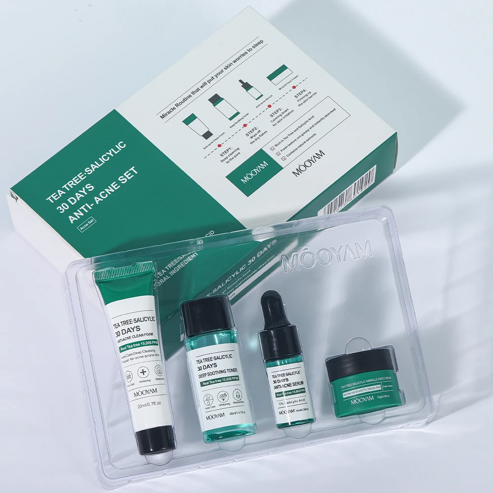 4PCS/Set Tea Tree Salicylic Skin Care Set Face Cleanser Toner Serum Cream Facial Skin Care Product