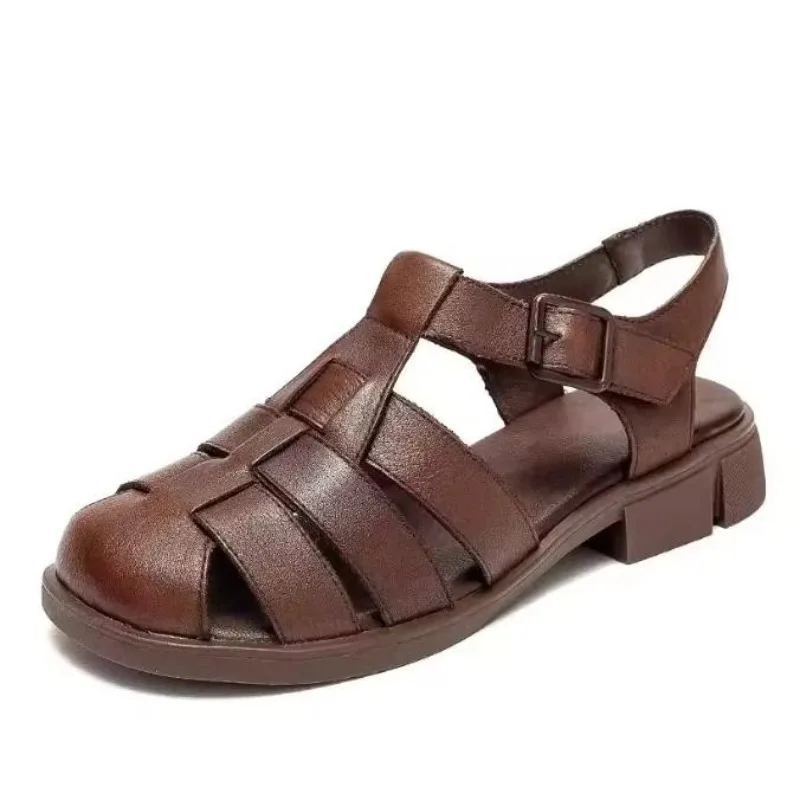 

Модные женские сандалии на низком толстом каблуке из натуральной кожи с застежкой-липучкой на заднем ремешке, повседневные летние однотонные туфли