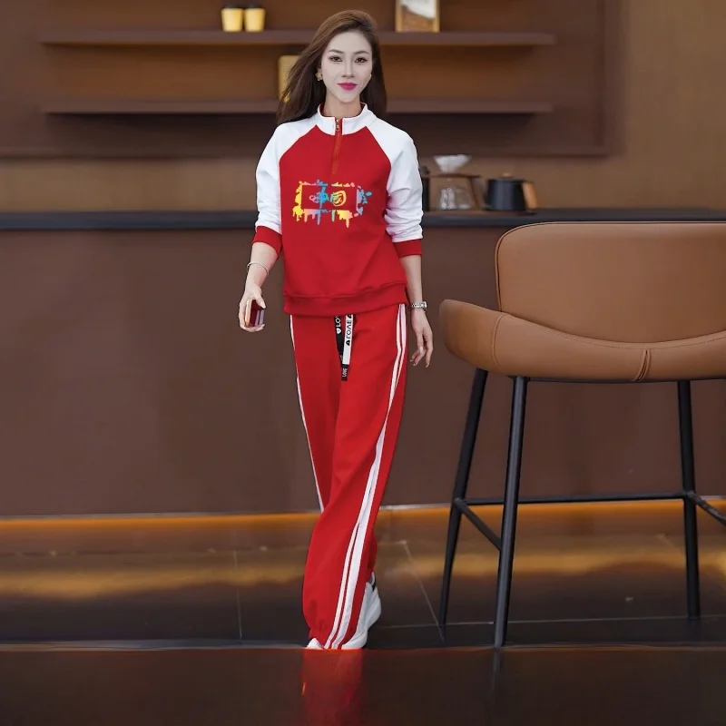 Red Casual Sportswear Set for Women Large Size Fitn Operation Square Dance Clothing Long Sve Stand Collar Two Piece Suit