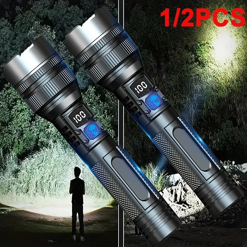 1/2PCS High-Power Flashlight Zoomable Focus Torch USB Rechargeable Flashlights with Strip LCD Smart Power Display for Outdoorr