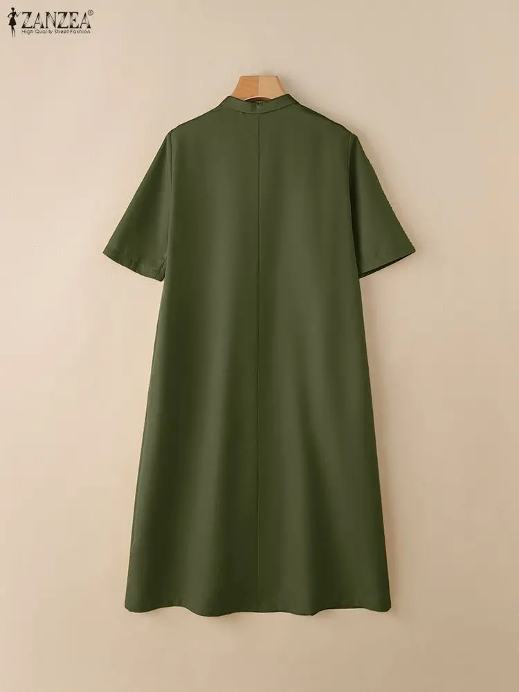 2025 ZANZEA فستان صيفي المرأة التلبيب الرقبة قصيرة الأكمام الصلبة فستان الشمس أنيق OL العمل فساتين متوسطة الطول أزرار عادية رداء كبير الحجم