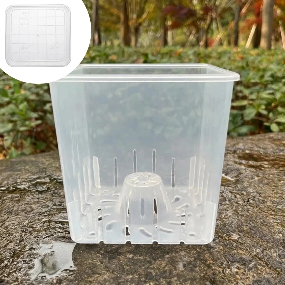 

Square Clear Flower Pots Ventilated Drainage Holes with Trays Orchid Plant Grow Pot Thickened Plastic Prevent Root Rot