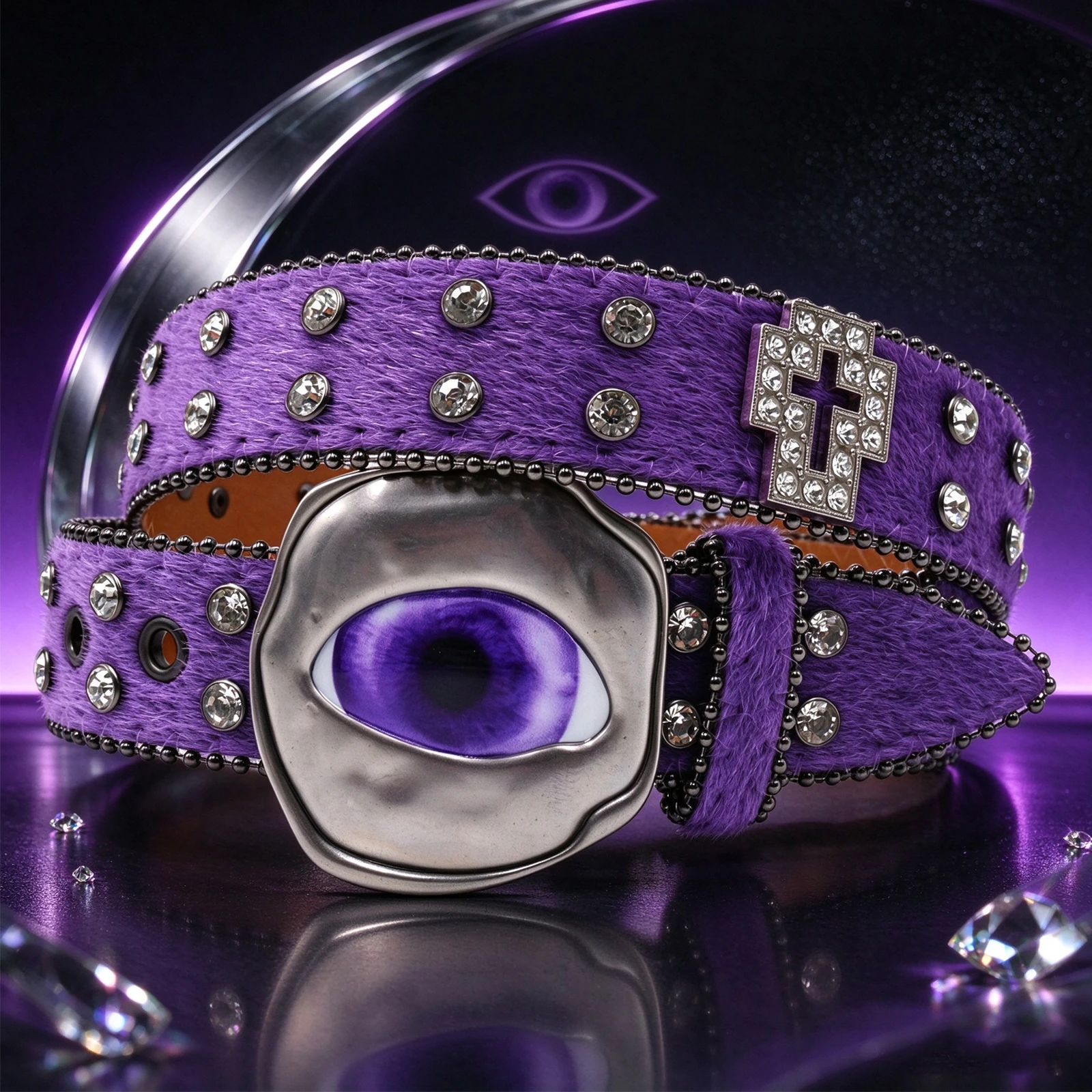 Harajuku Gothic Horse Fur Waist Belt 3D Eyeball Buckle Rhinestone Cross Rivet Decor Belt For Concert Outfit