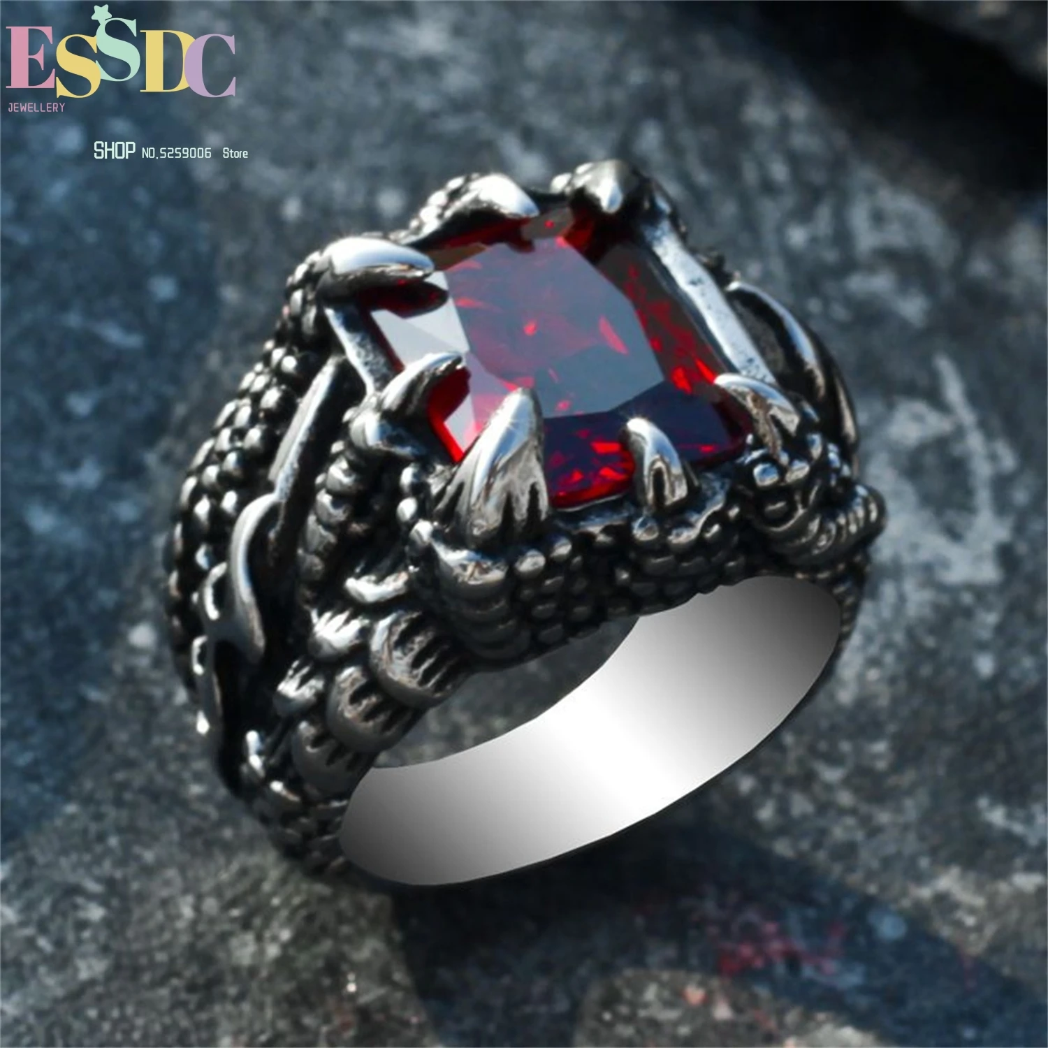 

Dragon Claw Red Zircon Titanium Steel Ring For Men Vintage Hip Hop Adjustable Index Finger Street Fashion Jewelry