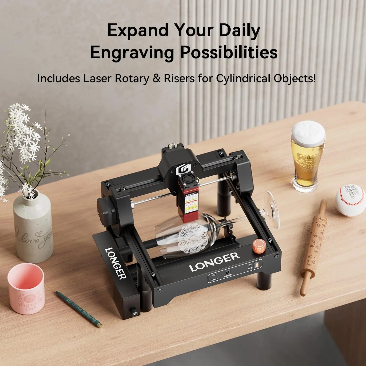 حفارة ليزر أطول RAY5 Mini 3.5 وات مع مجموعة أسطوانة دوارة، قاطع عالي السرعة 12000 مم/دقيقة، منطقة نقش 130 × 140 مم