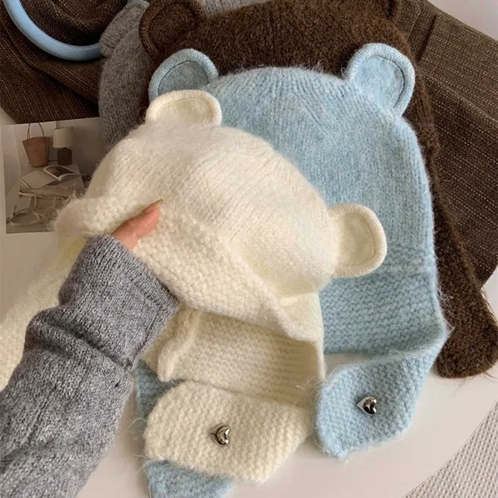 

Fashion Cute Bear Ears Knitted Hat Windproof Cold Proof Warm Hat Ear Protector Hat Women