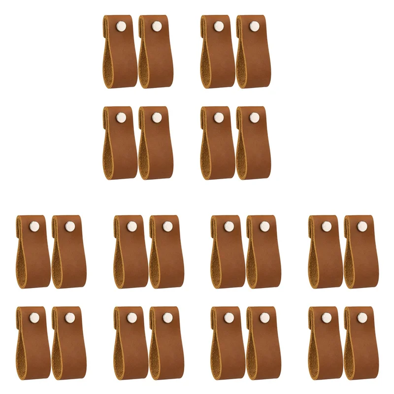 N09R-Leather Drawer Pulls 24 Pcs Leather Dresser Knobs Handmade Pure Leather Handles For Cabinet Doors And Drawers (Brown)