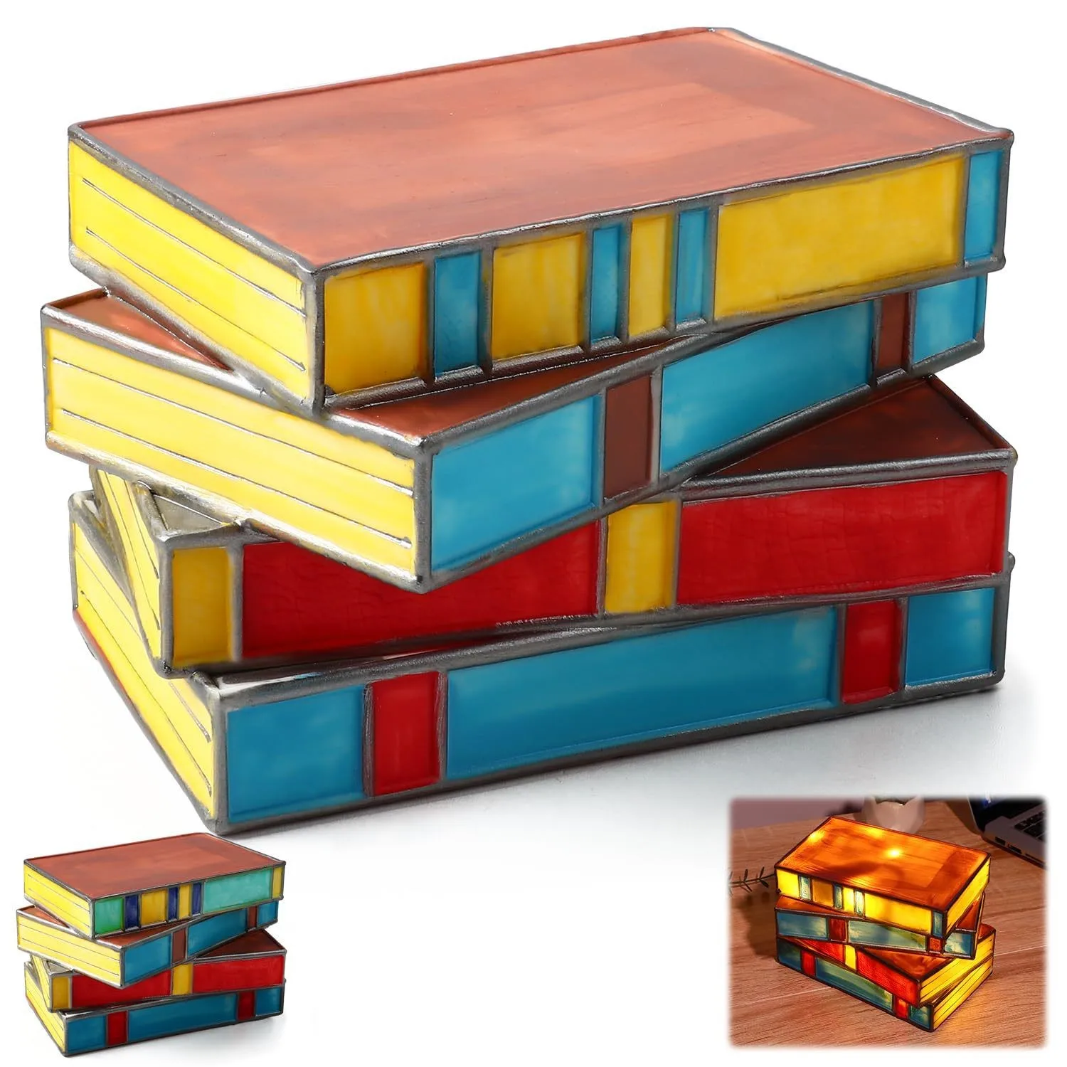 Stained Glass Stacked Books Lamp Resin Handicraft Table Lamp 3D Puzzle Reading Lighting Vintage Table Lamp for Kids