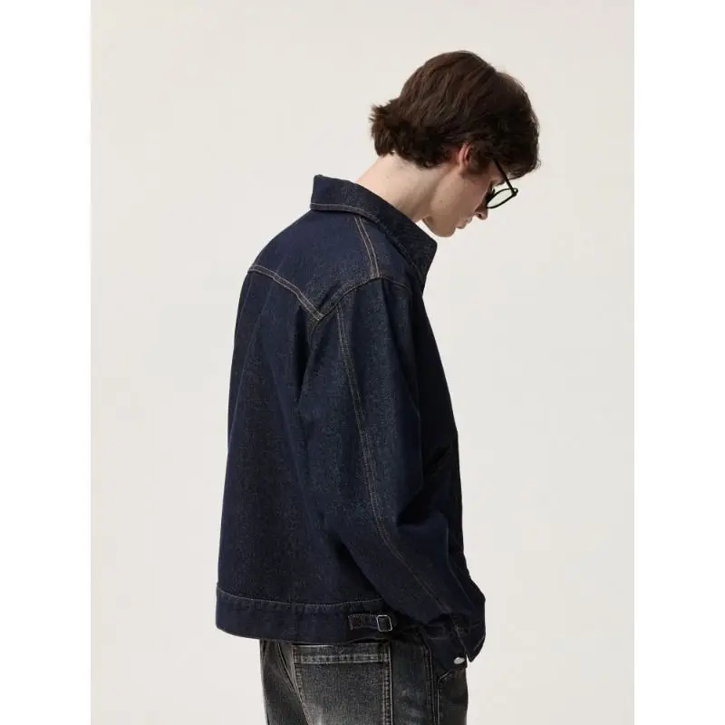 Men's Raw Denim Jacket Short Length Zip Up Jean Coat Lapel Collar Workwear Outerwear Casual Vintage Spring Fall Streetwear