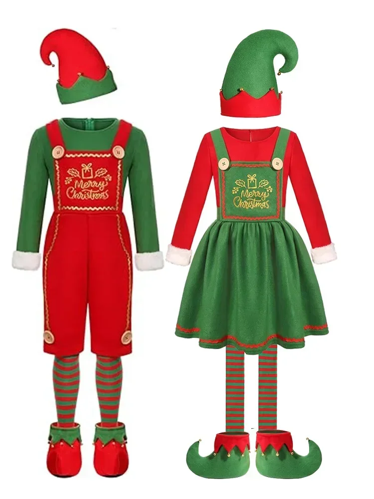 

Adult Christmas Santa Claus Costume Boy Girls Green Elf Cosplay Dress Hat Socks Set Women New Year Xmas Party Outfits