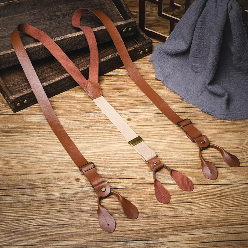 Simple Y-Type Suspendersสําหรับชายสไตล์อังกฤษAnti-Slip Buttoned Suspenders Retroชุดอุปกรณ์เสริมPUหนังSuspendersผู้ชาย