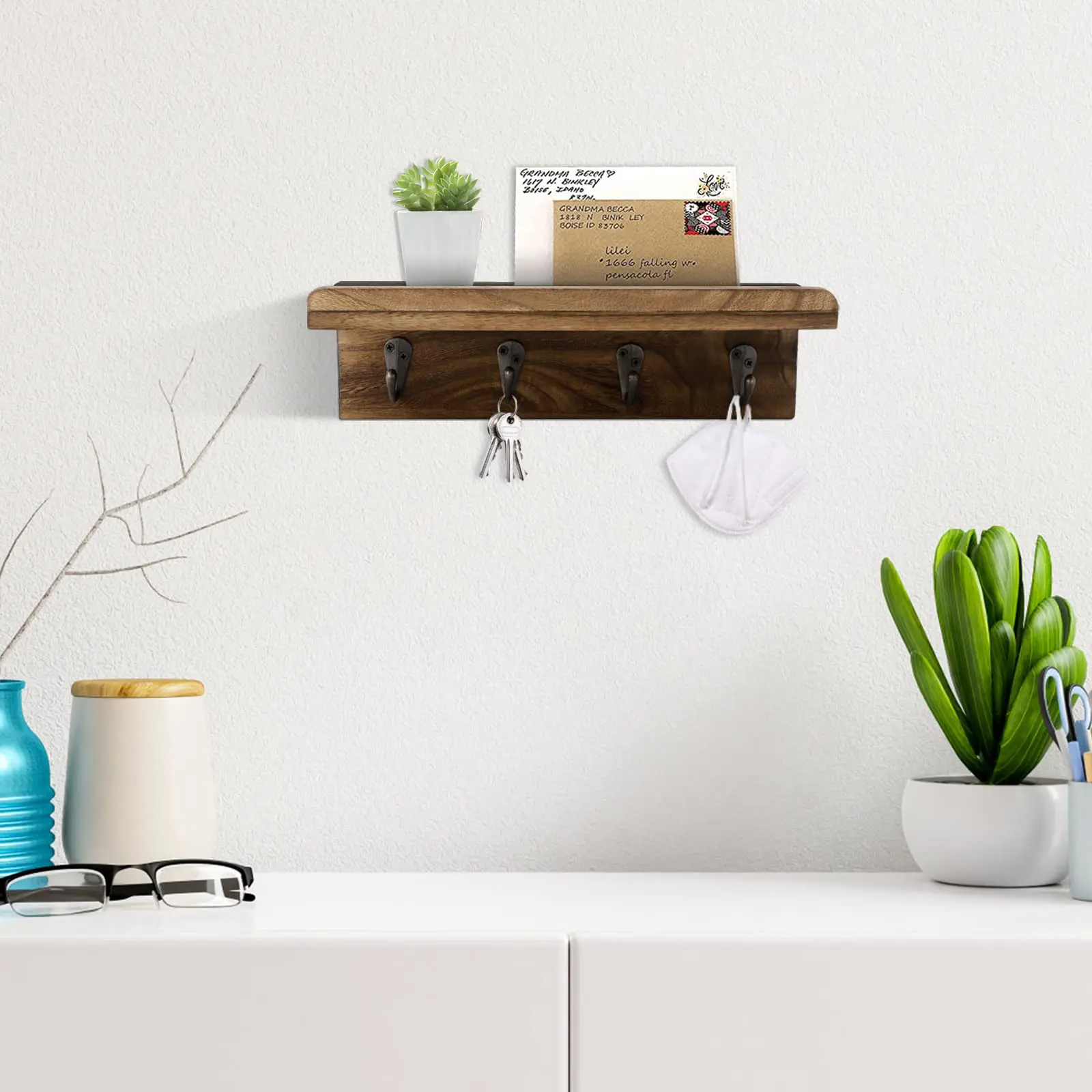 Rustic Wood Wall Key Holder Shelf 2