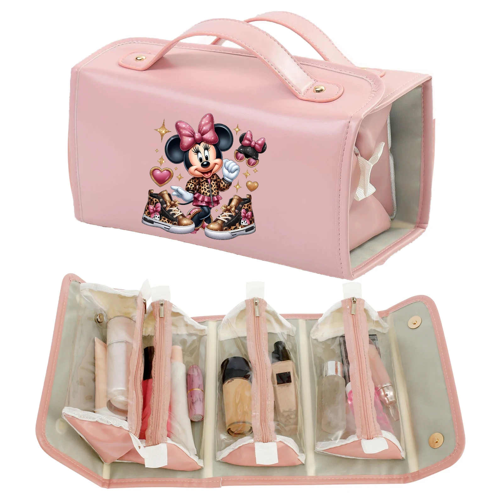 Mickey Minnie Large Capacity Toiletry Bag PU Leather Travel Cosmetic Bag Women Makeup Case Portable Toiletry Organizer Removable