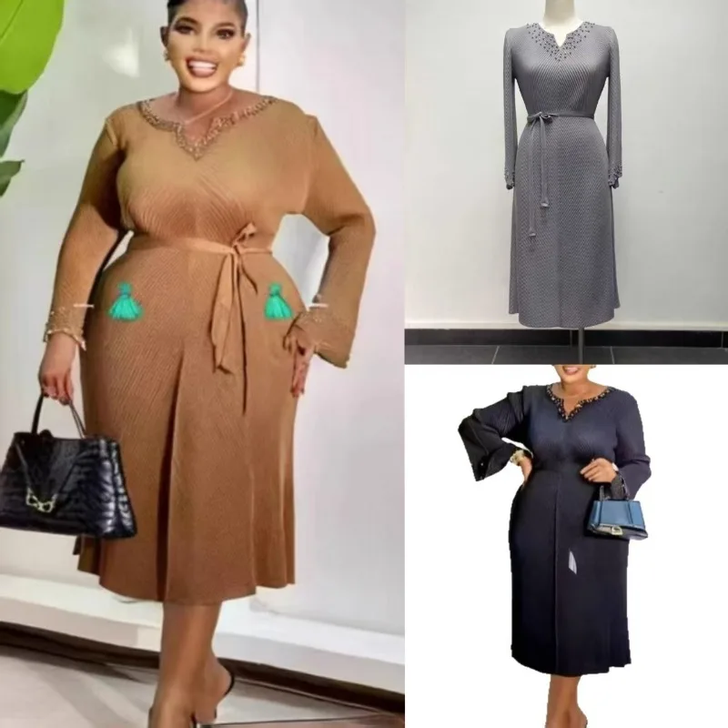 미야케 플리츠 미니멀리스트 솔리드 플러스 사이즈 드레스 2025 가을 패션 플리츠 비즈 장식 우아한 솔리드 컬러 롱 플리세 드레스 여성용