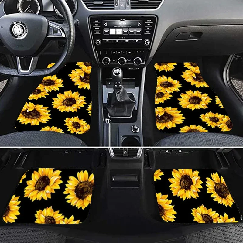 Vintage White Background Bottom Sunflower Design Pattern Stain Resistant Waterproof Rubber Material 4/2PCs Car Foot Mat