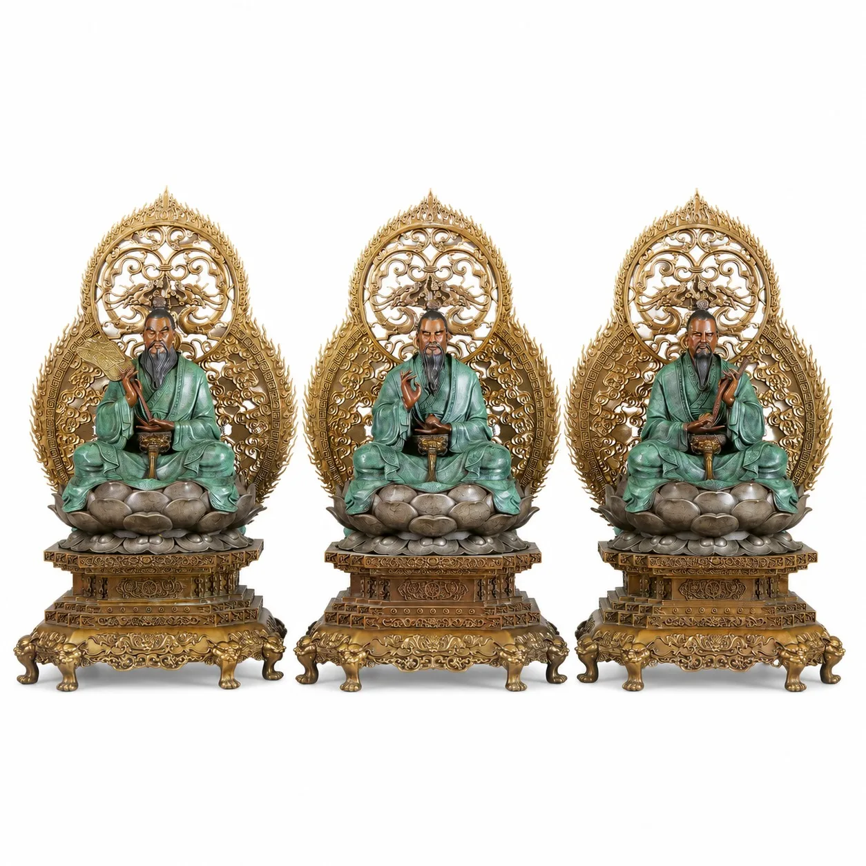 Handcrafted Copper Sanqing Taoist Deity Statues Set for Traditional Home Altar Feng Shui Living Room Spiritual Decor Gift