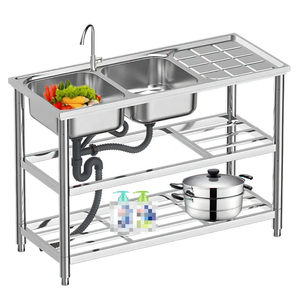 Factory Direct 2026 Portable Stainless Steel Utility Sink with Work Table & Storage Shelf Outdoor Garden Kitchen Sink