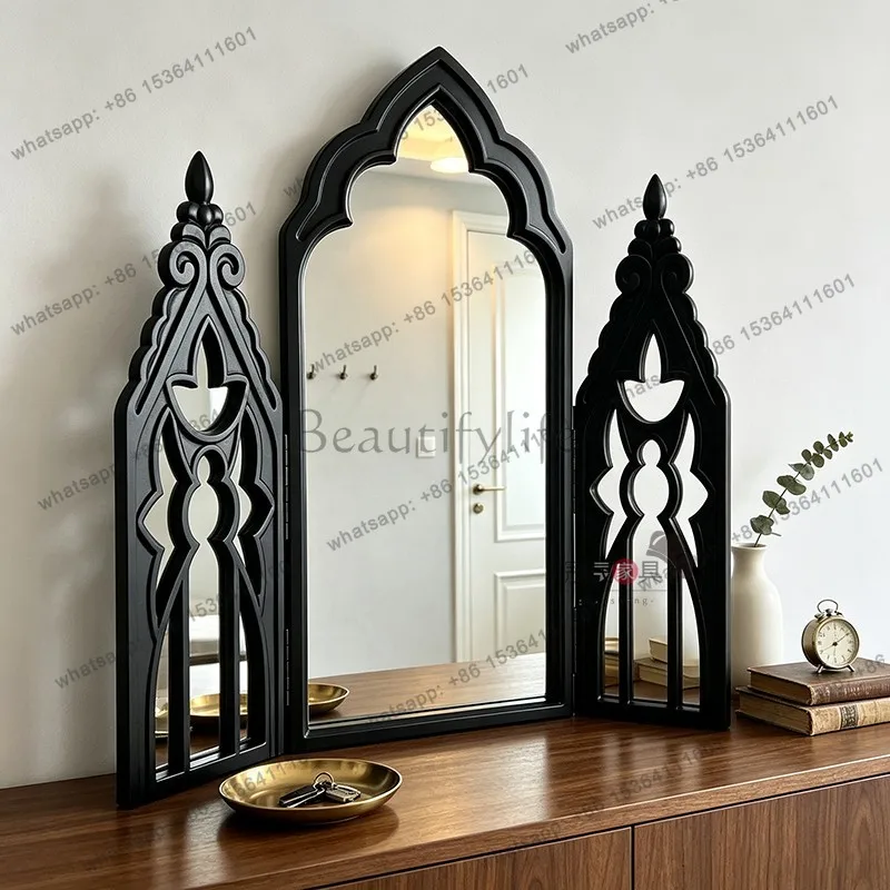 European retro old makeup mirror bedroom dresser American carved desktop three-sided mirror