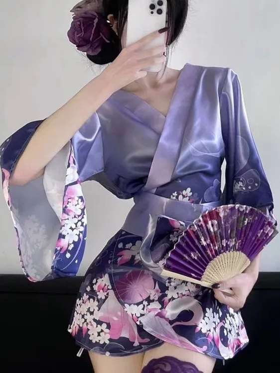 Purple Kimono Sexy V Neck Mini Dress Flower Dream Anime Cardigan Clothing Printing Dress Elegant Fashion Women Tops PQ1P
