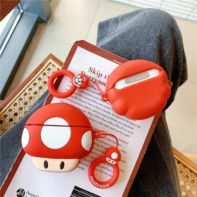 Super Mario Case for Apple AirPods 1 2 3 Airpod Pro 3D Mushroom Keychain Wireless Earphone Bluetooth Headset Case Silicone Cover