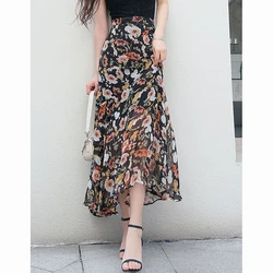 Fashion Zipper Printed Elegant Chiffon Floral Skirts Women Clothing Summer New Loose Office Lady High Waist Mermaid Skirts
