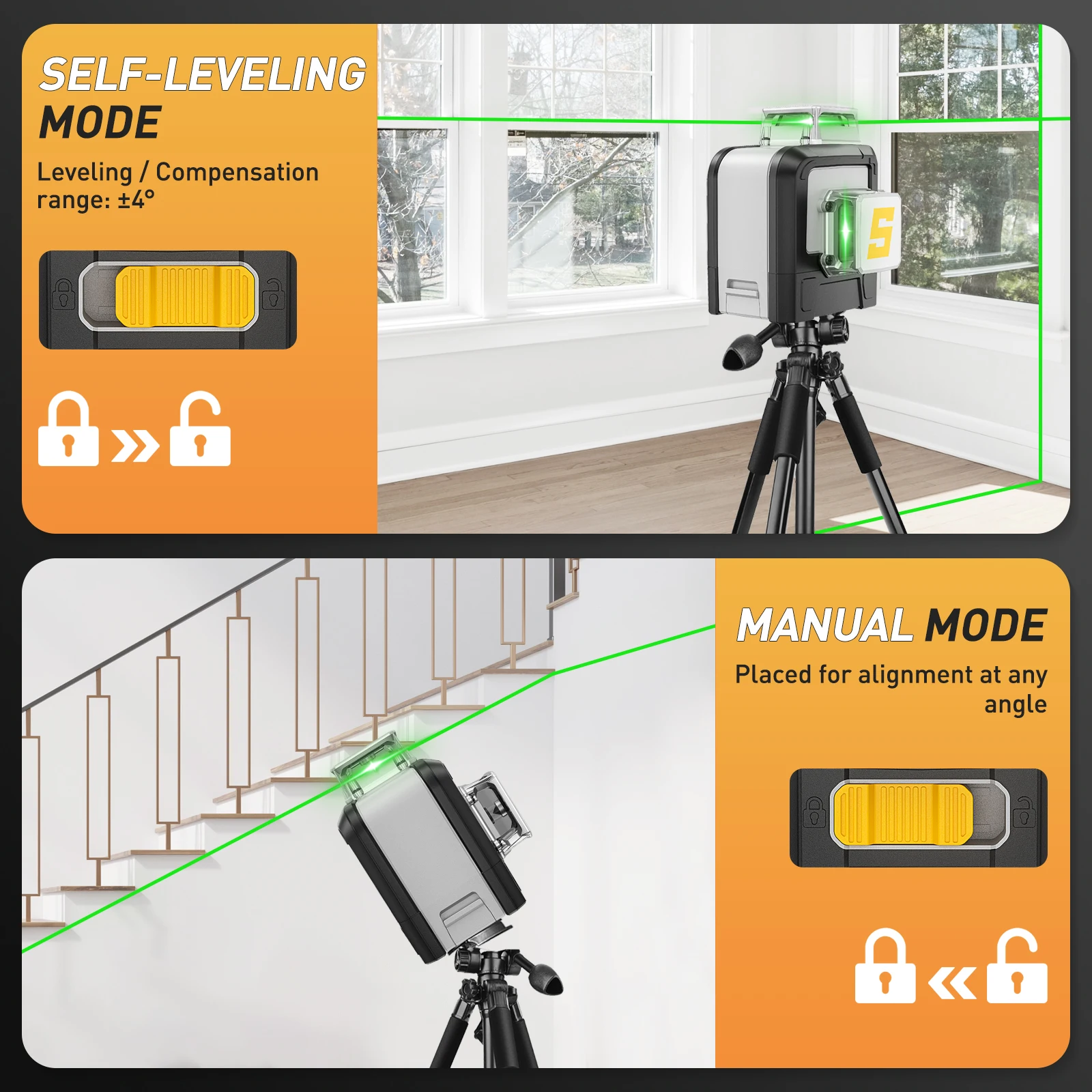 SAVSEC 903CG 3 x360 ° Cross Line Laser Level 12 linee strumento Laser verde autolivellante con batteria al litio e staffa e custodia rigida