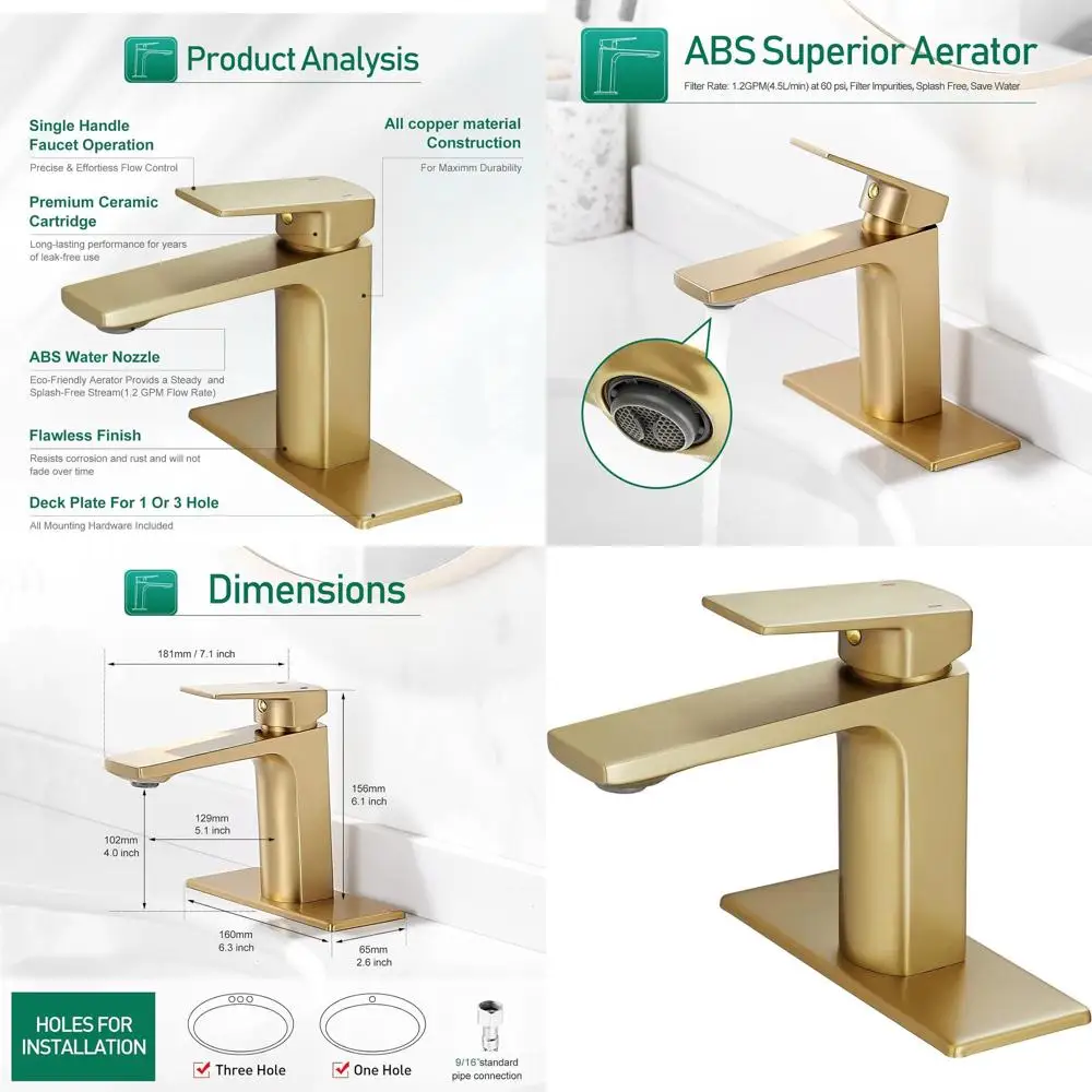 

Single Handle Brushed Gold Bathroom Sink Faucet with Deck Plate & Supply Lines for 1-Hole Vanity Installation
