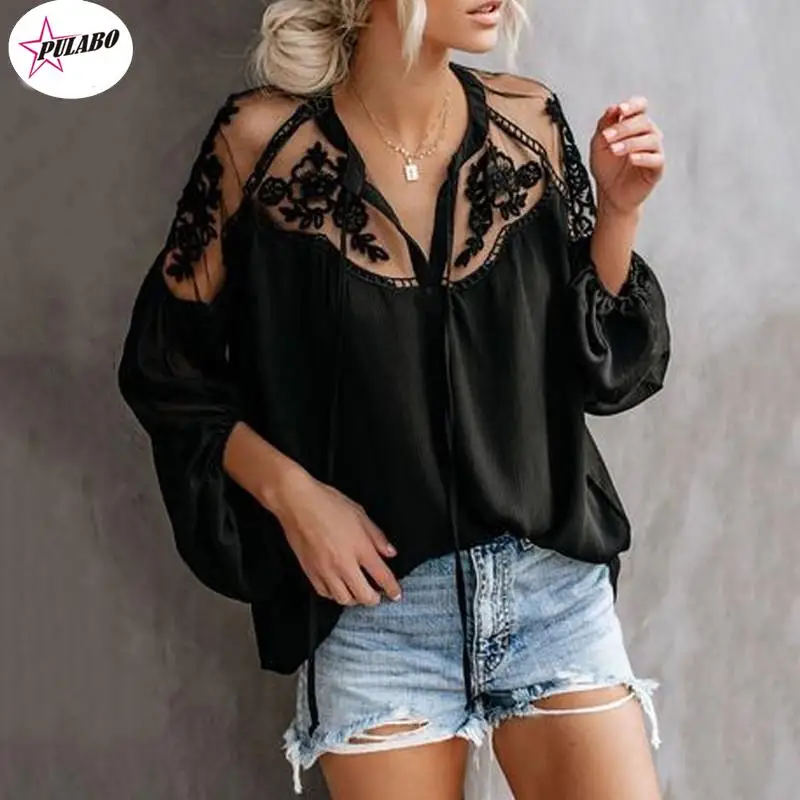 PULABO Chiffon Women's V-Neck Casual Lace Mesh Stitching Long Sleeve Blouses with Lanern Sleeve Tops