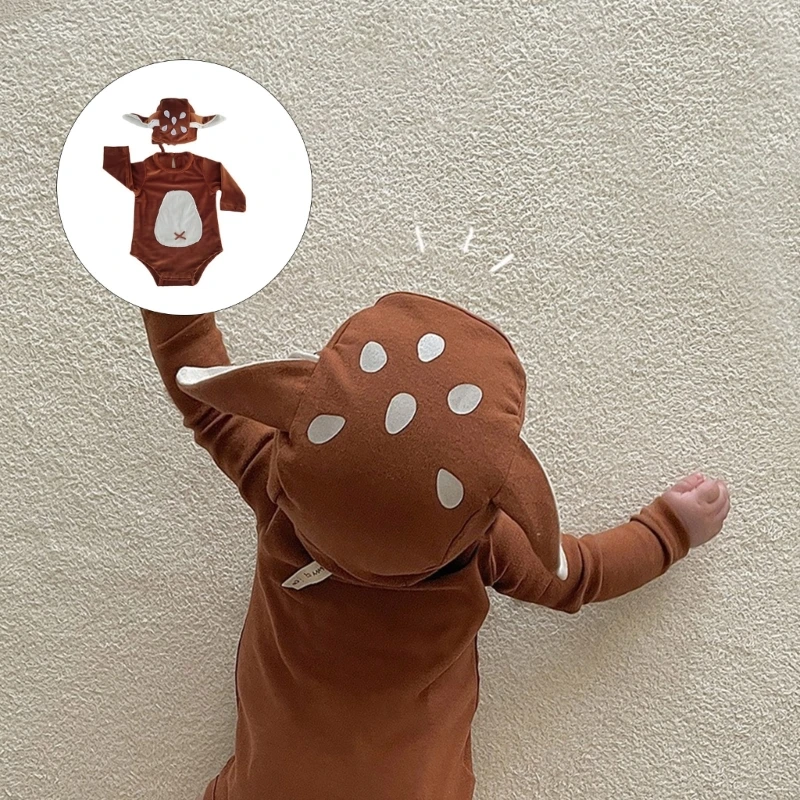 Baby Photo Costume Cosplay Jumpsuit Reindeer Ear Beanie Hat Newborn Photo Props OnePiece Long Sleeves Romper  Outfit