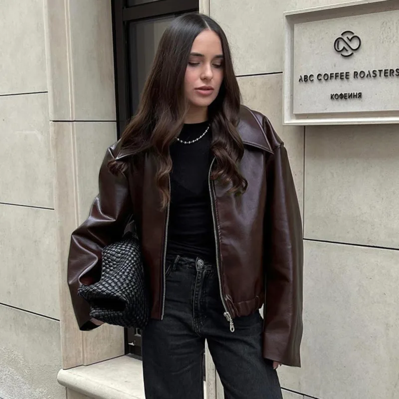 AW25 新しいバイカージャケット女性のためのショートレザースタイルラペル襟シティウォークやデートナイトに最適女性ファッションストリート