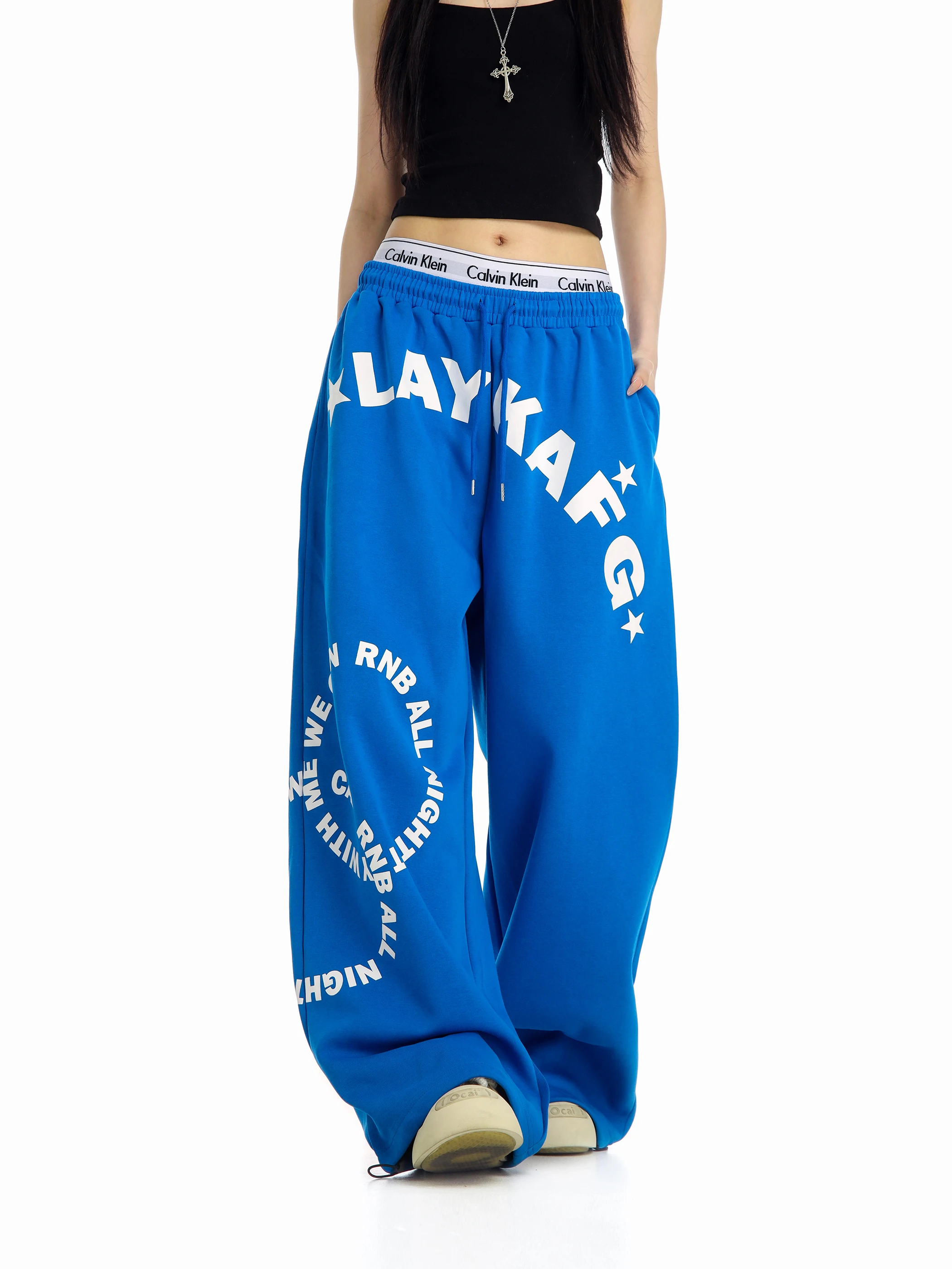 

Американские ретро-брюки с буквенным принтом, повседневные, широкие, с высокой талией, на резинке, из смесового хлопка и полиэстера, прямого кроя