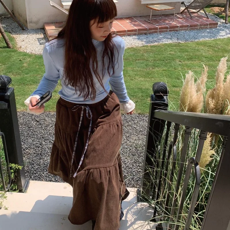 Japanische Retro Plaid Patchwork Cord Kuchen Rock Frauen Herbst Winter Adrette Vielseitig A-line Lonf Röcke Faldas