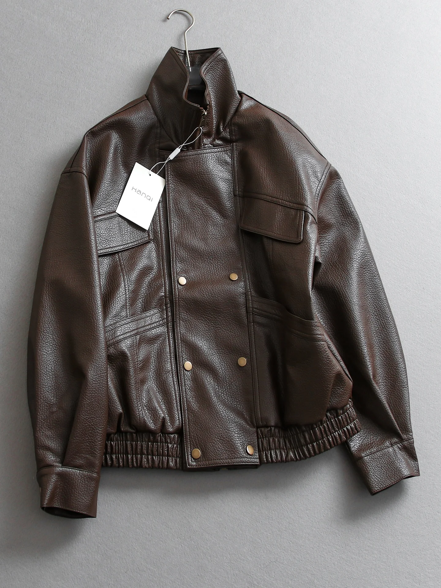 Litchi Pattern Long Sleeve Loose Women's Jacket Retro Style Double Row Buttons Spring 2026 New Arrival PU Leather Coat