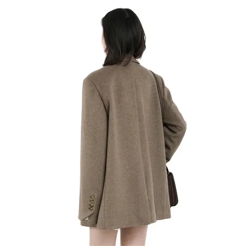 Women Wool Blend Coat Solid Mid Long Woolen Blazer Thick Warm Blouse Women\'s Overcoat Office Lady Tops Autumn and Winter