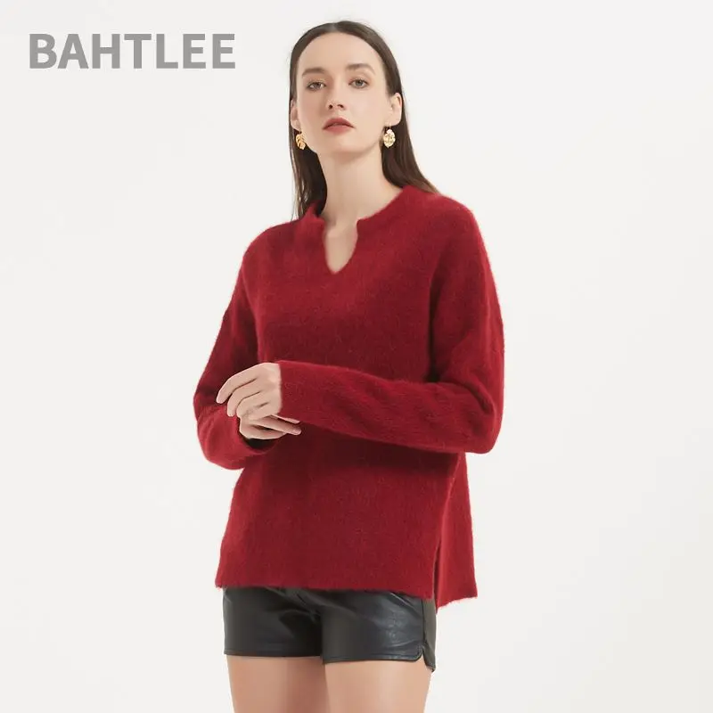 BAHTLEE-Women's High Proportion Alpaca Sweater, Winter Pullovers, V-Neck, Christmas Red, Long Sleeves, Thick Knitted, Warm