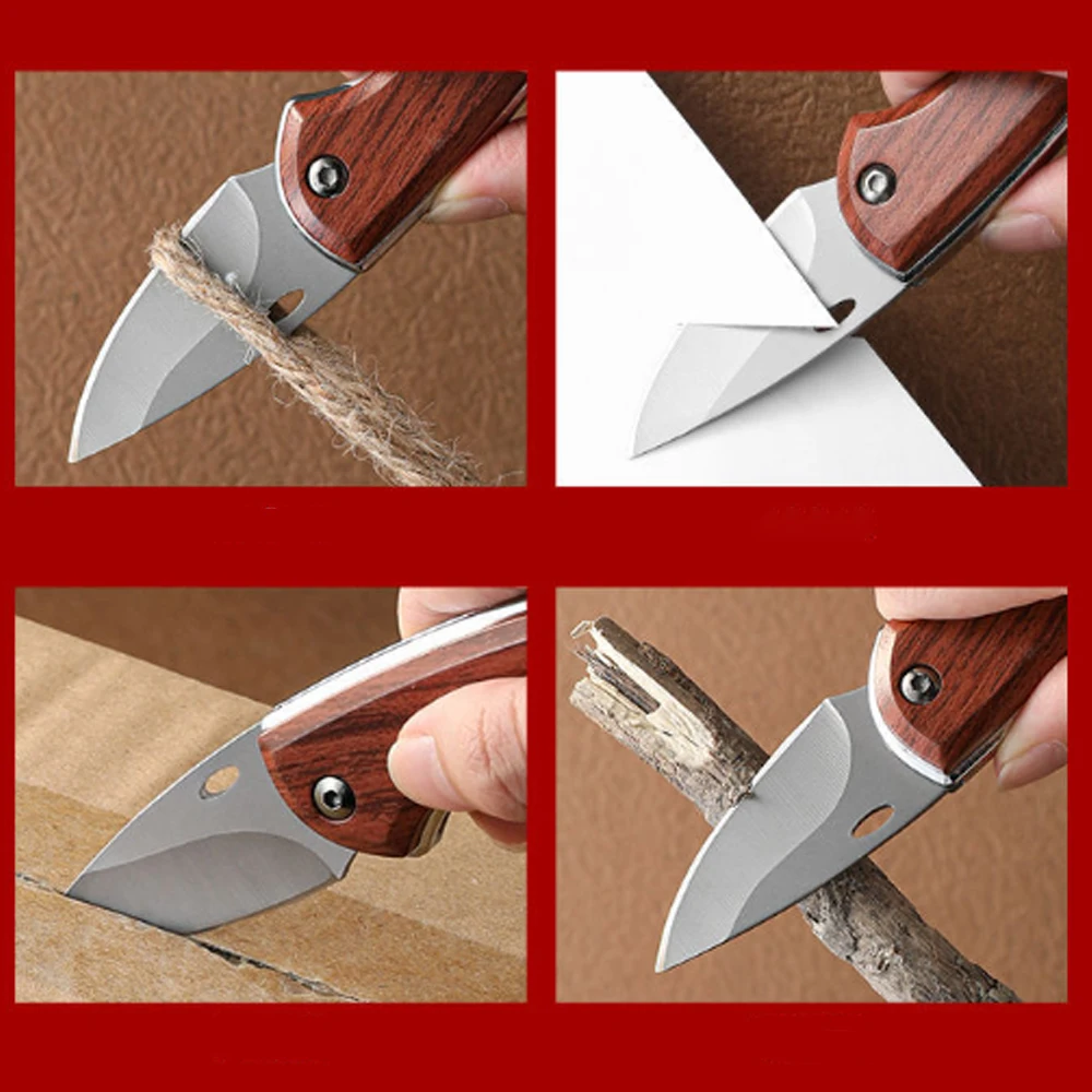 Mini Folding Pocket Knife Wood Handle Small EDC Utility Cutting Tool Keychain Outdoor Camping Hiking Daily Carry Gift image 6