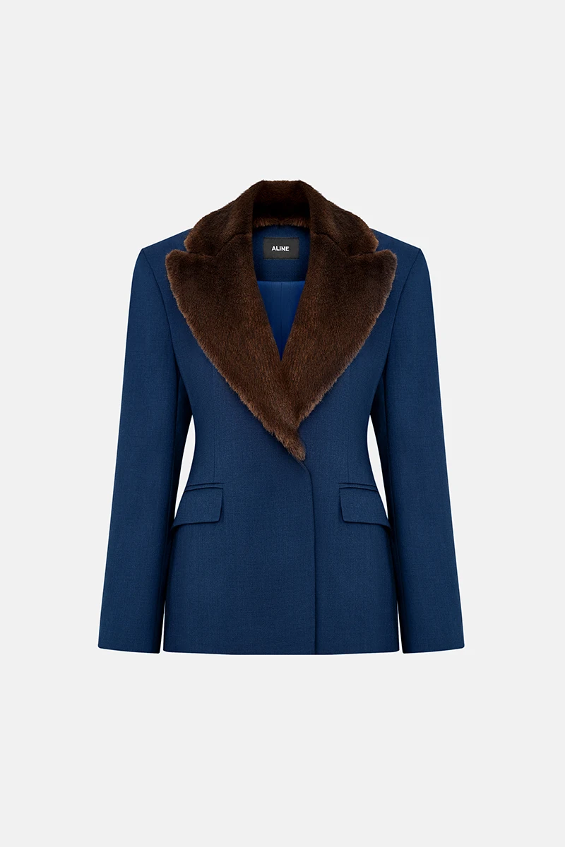 Laur 2026 Women Faux Fur Collar Blazer Elegant Slim Fit Navy Blue Jacket Autumn Office Formal Fashion Outerwear