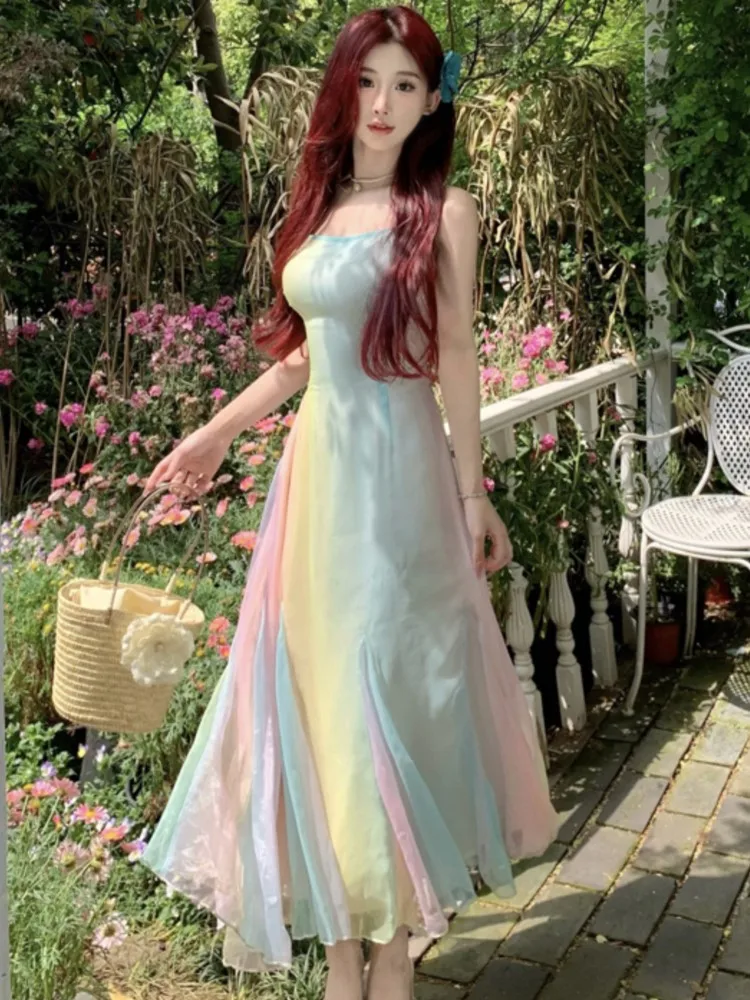 Elegant Rainbow Womens Dresses Sexy Spaghetti Strap Princess Fairy Birthday Party Dress French Holiday Beach A-Line Vestidos New