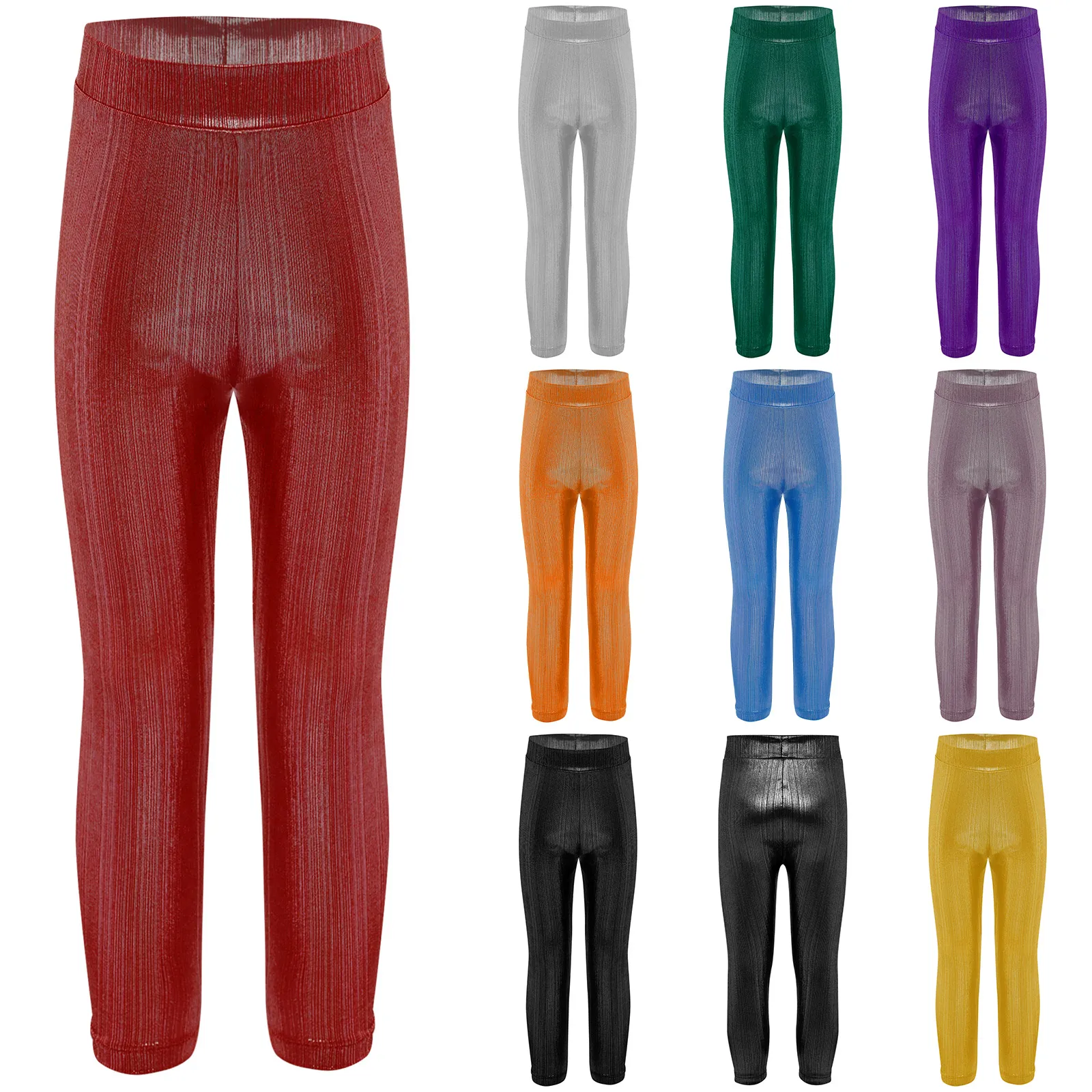 

Kids Girls Metallic Leggings Ribbed Pants Carnival Party Hip-Hop Jazz Dance Costume Solid Elastic Waistband Trousers Streetwear