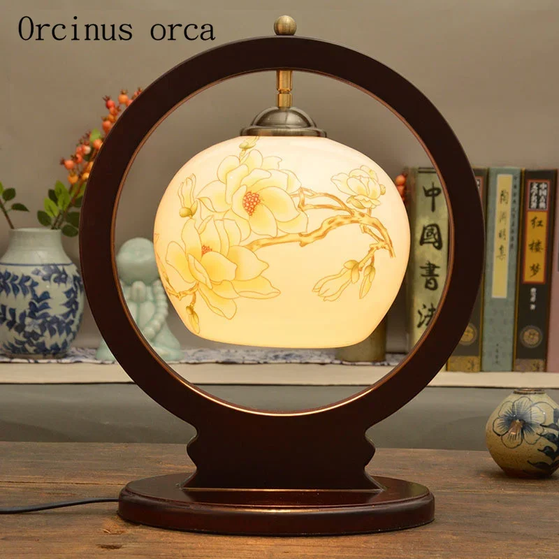 criativo candeeiro de mesa de ceramica para o quarto abajur de cabeceira pastoral americana pintura de flores lamp de mesa de madeira macica antigo chines novo 01