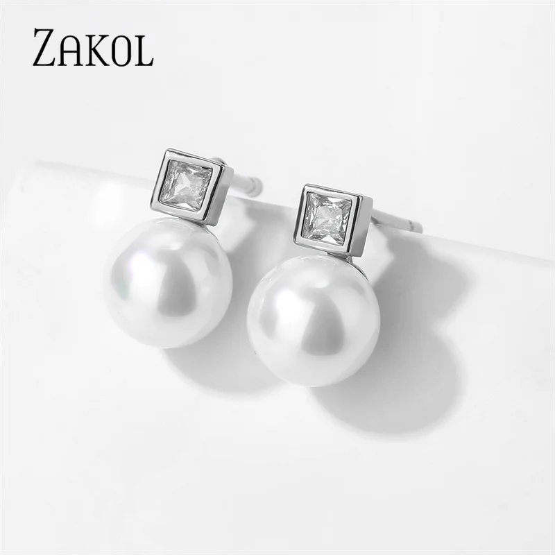 ZAKOL Fashion Green CZ Imitation Pearl Simple Stud Earrings For Women Girl Party Jewelry Accessories Birthday EP5512